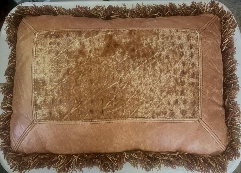 Leather & Crocodile Pillow Fringed Rustic Western Cabin Weathered 20 x 14 Copper